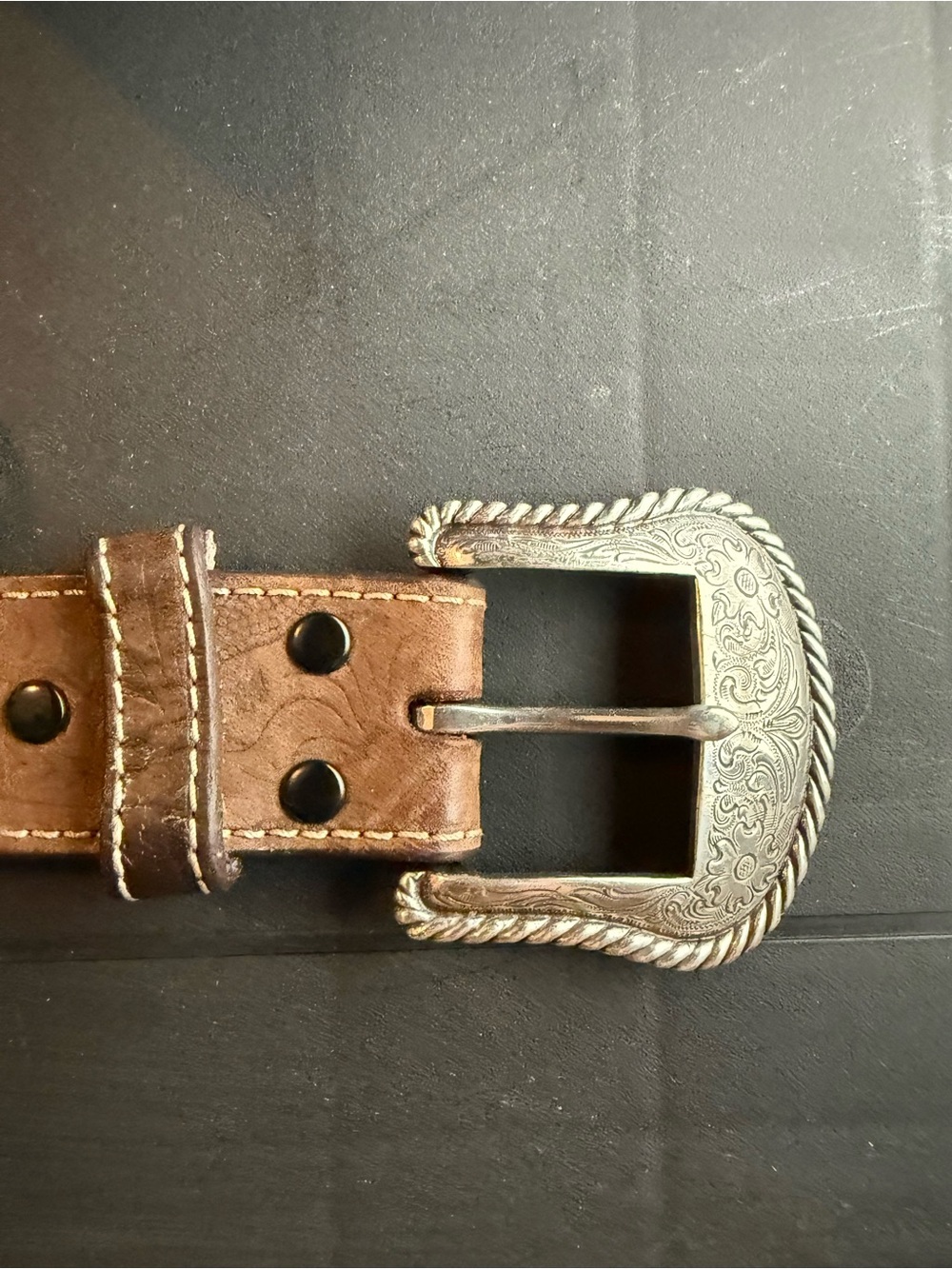 Men's Brown Leather Belt with Ornate Silver Western Buckle